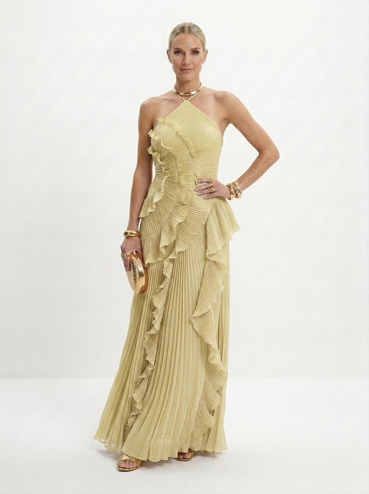Vestido Largo Plisado LiaVoss con Volantes Elegantes y Cuello Halter