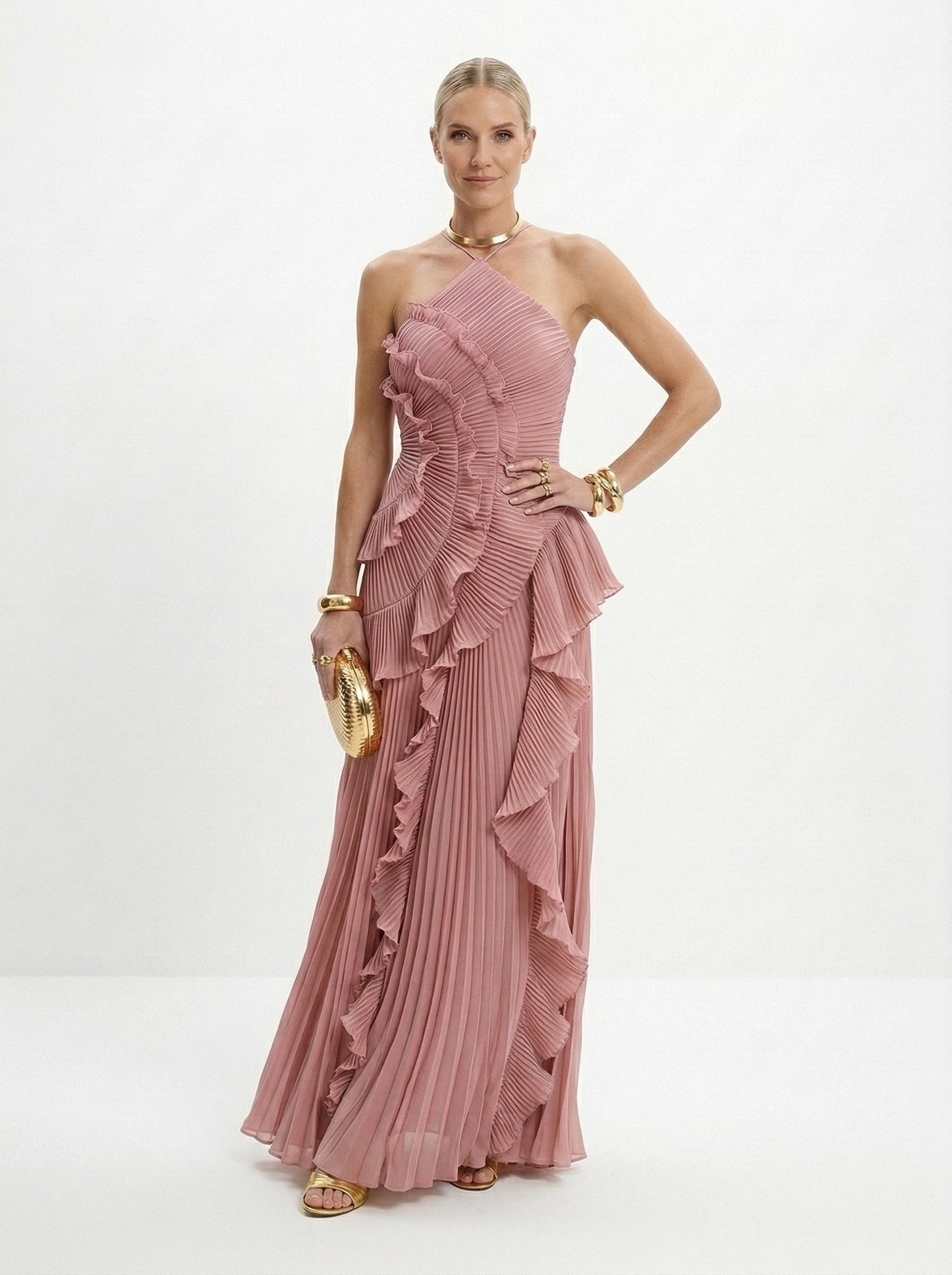 Vestido Largo Plisado LiaVoss con Volantes Elegantes y Cuello Halter